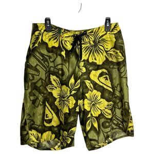 VTG 90s y2k Quiksilver Board Shorts Men 32 33 Yellow Green Hawaiian Floral Surf